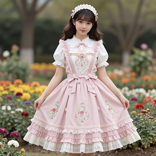 Photograph of an Asian woman with long black hair, wearing a white floral headband, pink Victorian-style dress with white lace, standing in a colorful