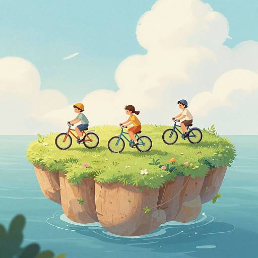 Digital illustration of four children biking on a grassy, floating island above calm ocean, under bright blue sky with fluffy clouds.