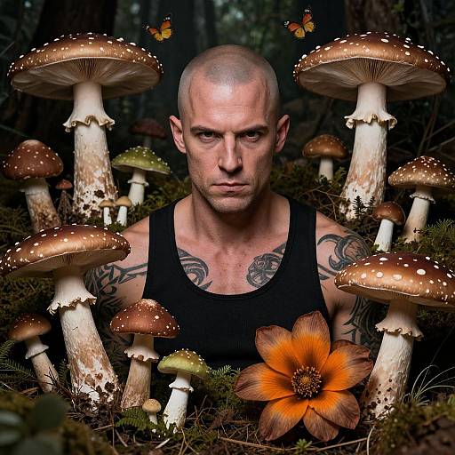 Photograph of bald, tattooed man in black tank top, surrounded by large brown and white-spotted mushrooms, orange flower, and orange butterflies in