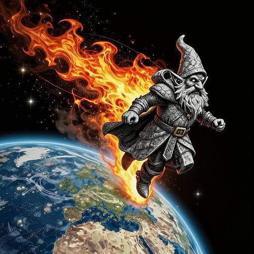 Digital illustration of a bearded wizard with a pointed hat, surrounded by fiery orange flames, soaring above Earth in space.
