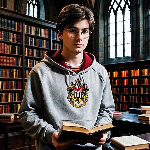 Teen Boy in Hogwarts Hoodie Reading Book in Library