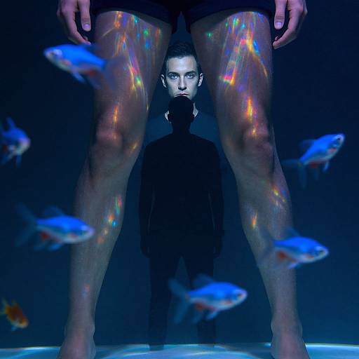 Digital artwork: Mysterious man with intense gaze stands between legs with rainbow fish patterns, surrounded by blue fish in dark blue background.