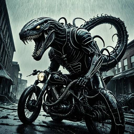Biomechanical Creature Riding Motorcycle in Rain