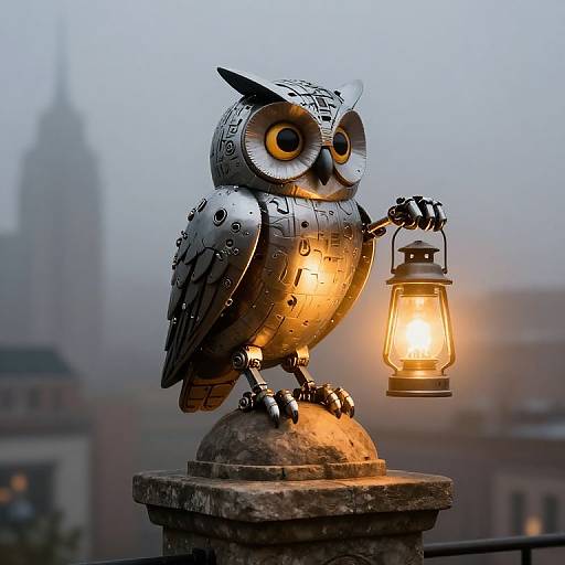 Mechanical Owl with Glowing Lantern