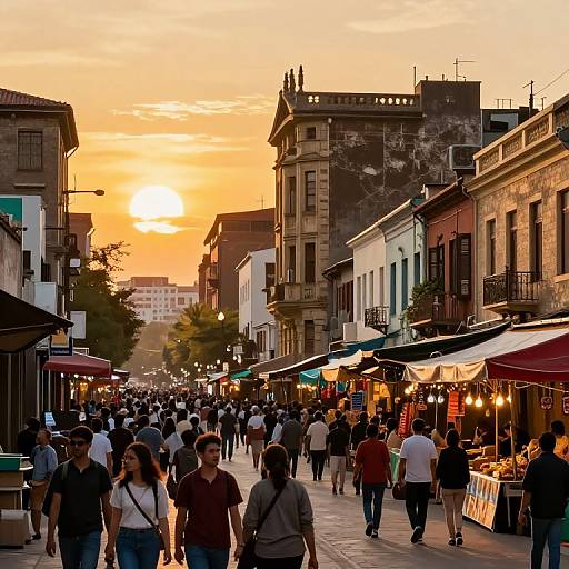 Photograph of a bustling street market at sunset, with a crowd of people walking, colorful buildings, and vibrant sunset sky.