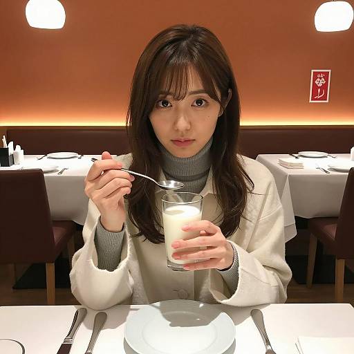 Elegant Japanese Woman Dining in Warm Ambiance