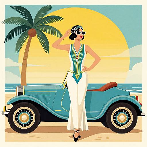 Vintage-style illustration of a woman in a white and blue swimsuit, sunglasses, and headscarf, posing by a blue classic car, palm tree