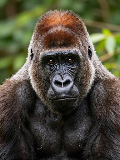 Photograph of a serious-looking mountain gorilla with dark brown fur, a reddish-brown crown, and intense, dark eyes, set against a