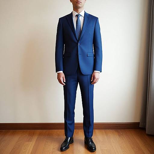 Photograph of a man in a dark blue suit, white shirt, and patterned tie, standing on wooden floor against a white wall.