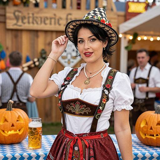 Photograph of a fair-skinned woman with black hair, red lipstick, wearing a checkered witch hat, white blouse, and brown dirndl,