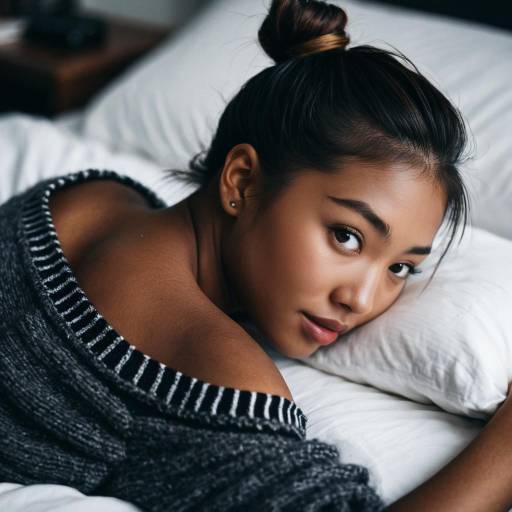 Asian Woman Lying on Bed in Sweater
