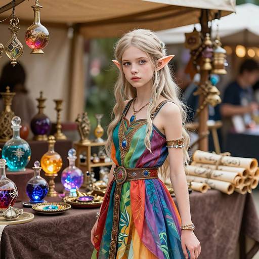 Digital artwork of a young, fair-skinned elven girl with long blonde hair, rainbow dress, pointed ears, standing in a colorful market stall with