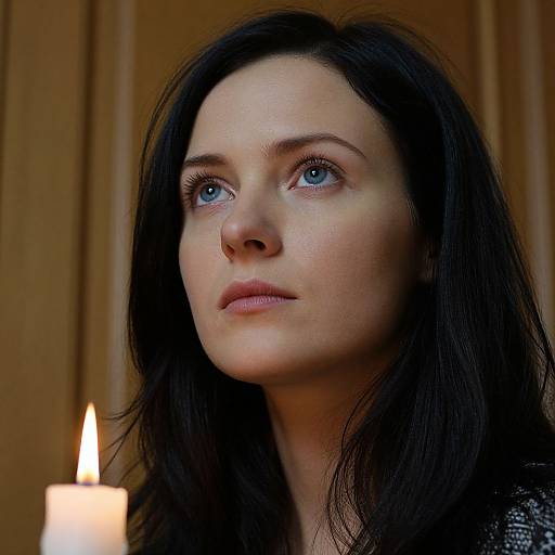 Close-up photograph of a fair-skinned woman with dark brown hair, blue eyes, and subtle makeup, gazing upward, illuminated by a soft candle