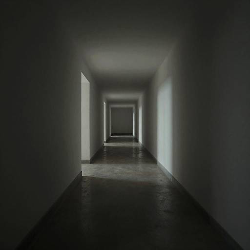 Photograph of a long, dimly lit, white-walled hallway with a glossy, dark floor, leading to a bright, square doorway at the
