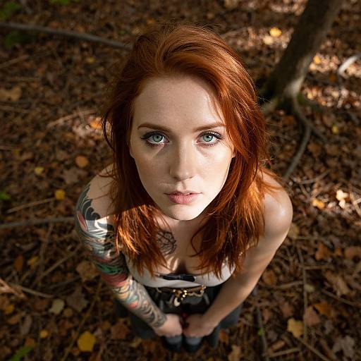 Photograph of a pale-skinned, red-haired woman with blue eyes, colorful tattoos, and a white tank top, kneeling in a forest with fallen