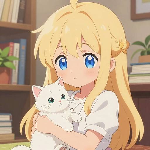 Anime-style digital drawing of a blonde girl with large blue eyes, holding a fluffy white cat, in a cozy book-filled room.