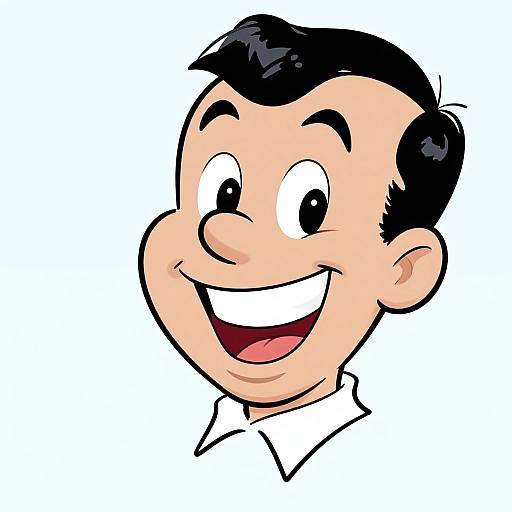 Cartoon-style drawing of a smiling man with black hair, large eyes, white shirt, and pale skin on a white background.