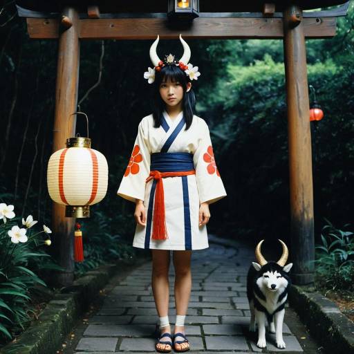 Girl in Japanese Inspired Outfit with Horned Dog