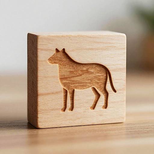 Photograph of a wooden block with a carved silhouette of a standing cat, set against a blurred, sunlit background.
