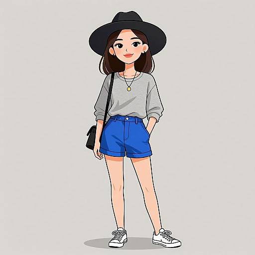 Digital anime-style drawing of a cute young woman with light skin, wearing a black hat, gray shirt, blue shorts, white sneakers, and a necklace