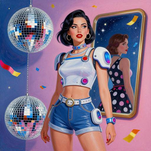 Digital art of a confident woman with short black hair, red lipstick, white crop top, denim shorts, mirror, and disco balls.