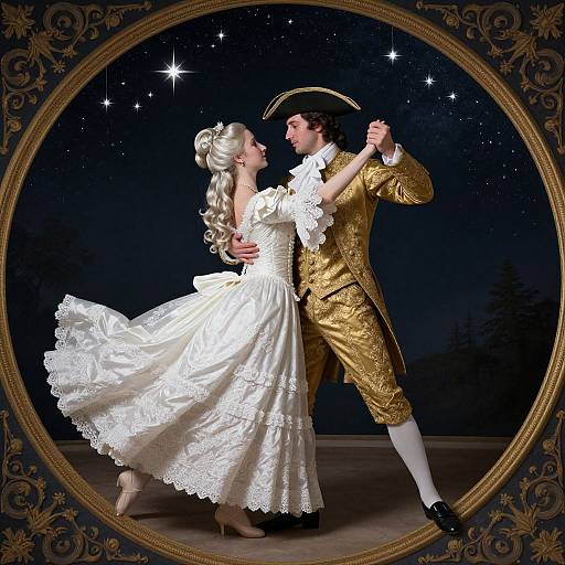 Photograph of a ballroom dance couple in 18th-century attire, with a woman in a white lace dress and a man in a gold bro