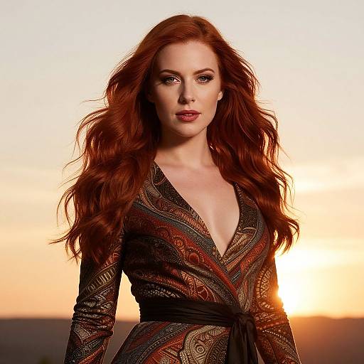 Photograph of a red-haired woman with wavy hair, wearing a deep V-neck, patterned dress, standing against a sunset background.