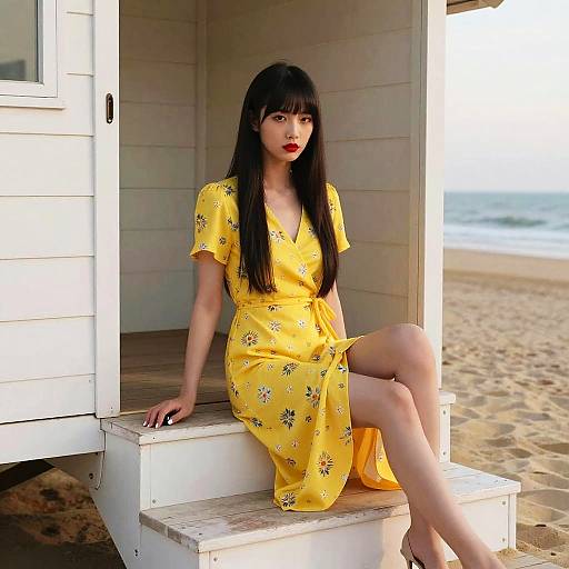 Young Asian Woman in Yellow Dress at Sunset