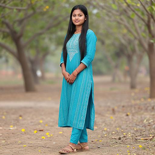 Photograph of an Indian woman with long black hair, wearing a blue embroidered traditional kameez and pants, standing on a tree-lined path with yellow
