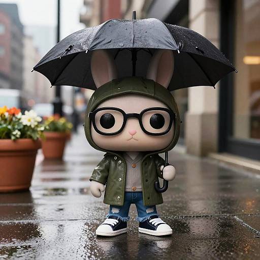Funko Pop Bunny in Rainy Urban Scene