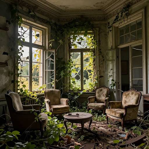 Photograph of an abandoned, overgrown room with four vintage armchairs, vines covering windows, and sunlight filtering through dusty glass.