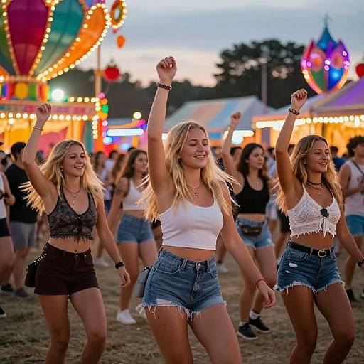 Photograph of three smiling blonde women dancing at a colorful, illuminated carnival at dusk, wearing crop tops and denim shorts, arms raised, surrounded by vibrant