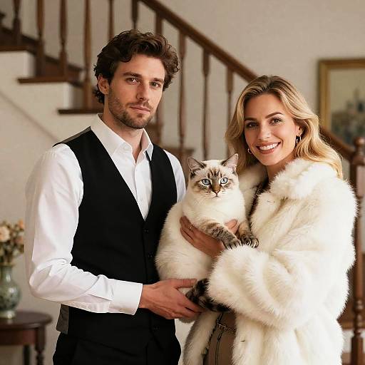 Elegant Couple Holding Cat in Stylish Home
