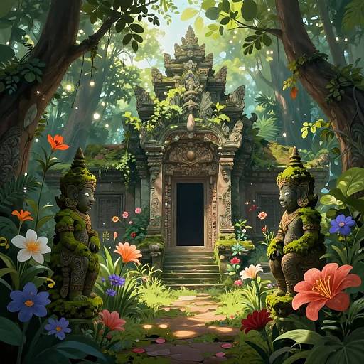 Digital artwork of a lush, sunlit jungle temple with moss-covered stone statues flanking a central doorway, surrounded by vibrant flowers and dense greenery.