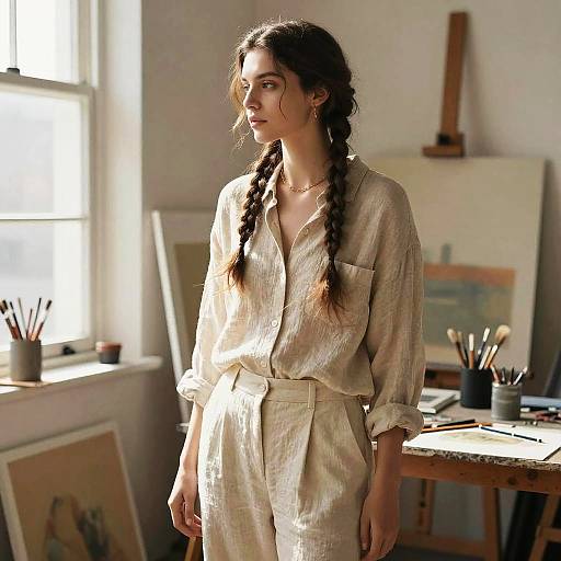 Photograph of a young woman with long braided hair, wearing a beige linen button-up jumpsuit, standing in a sunlit, cluttered artist