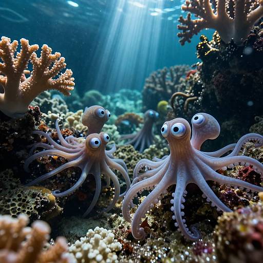 Photograph of three cute, cartoon-like octopuses with large eyes on a colorful coral reef, illuminated by sunlight filtering through the water.