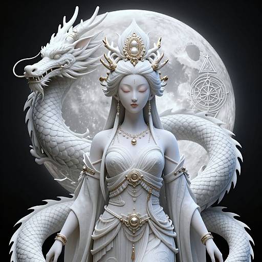 Digital artwork of a serene, white-skinned woman with closed eyes, adorned in elaborate, white, gold-embellished traditional Asian attire, standing