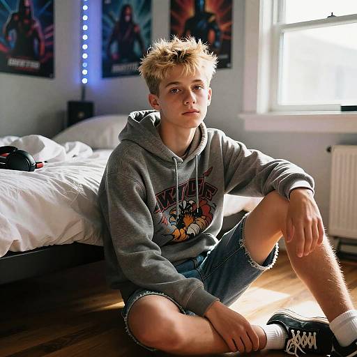 Teen Boy in Cozy Gaming Bedroom