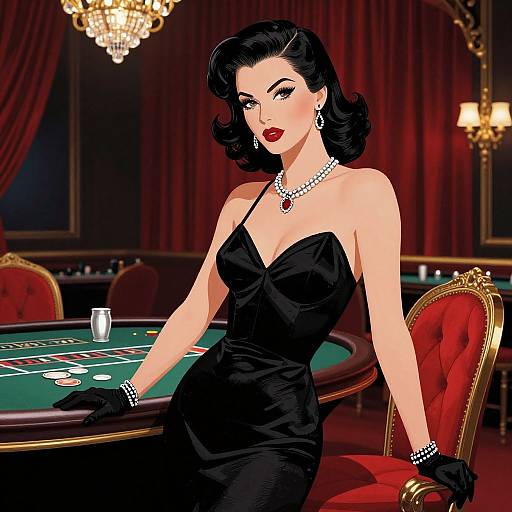Digital illustration of a glamorous woman in a black, strapless evening gown, sitting at a poker table in a luxurious, red-curtained casino.