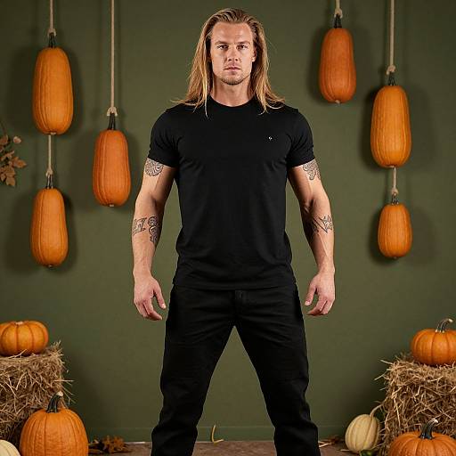 Photograph of muscular man with long blonde hair, black t-shirt and pants, standing between pumpkins, green background, with hanging and ground pumpkins