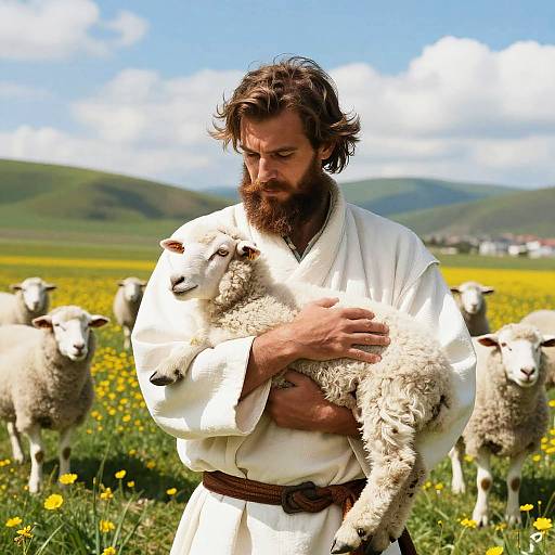 Bearded Man Holding Sheep in Meadow