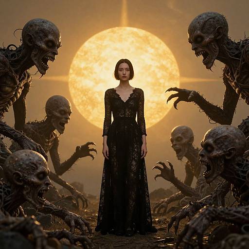Photograph of a woman in a black lace dress, centered before a large, glowing orange sun, surrounded by menacing, skeletal zombies.