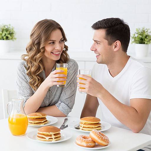 Photograph of smiling couple with long brown hair and short black hair, holding orange juice glasses, sitting at a table with burgers and orange juice.