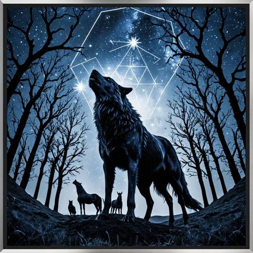 Fenrir Cosmic Wolf and Spectral Horses Under Starry Sky
