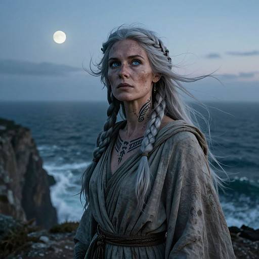 Photograph of a white-haired, blue-eyed woman with braids, wearing a tattered, gray robe, standing on a rocky cliff at dusk,