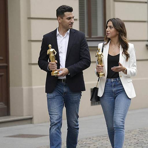 Couple Carrying Gold Statues on Street