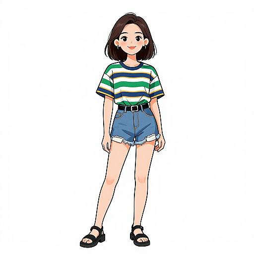 Digital anime-style drawing of a young girl with short brown hair, wearing a green and white striped shirt, blue high-waisted shorts, and black