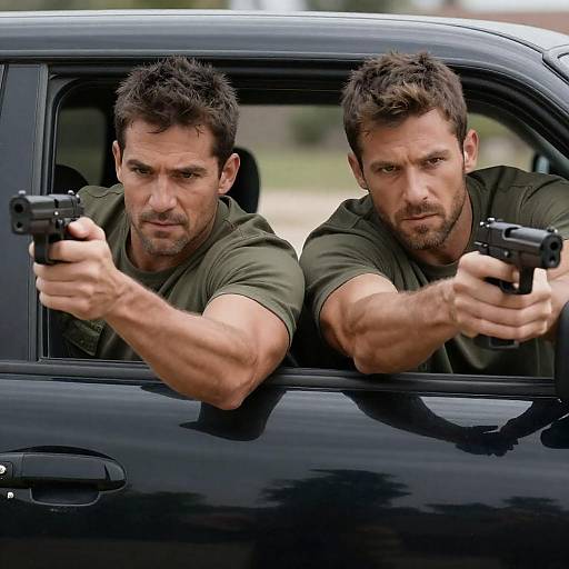 Rugged Men Leaning from Black Car