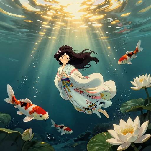 Anime-style underwater drawing of a black-haired girl in a white kimono with colorful patterns, floating with red and gold koi fish and white lotus