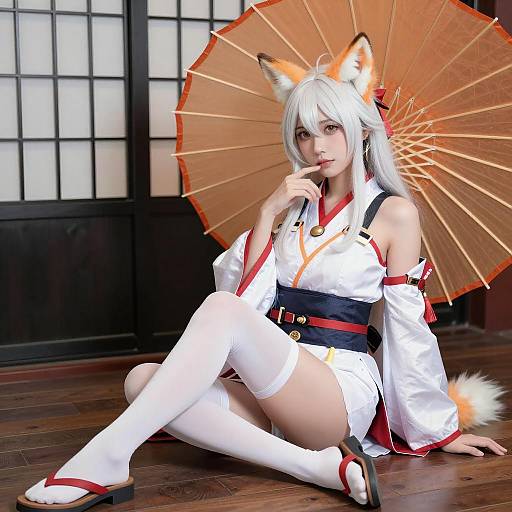 Elegant Cosplay with Fox Ears and Umbrella